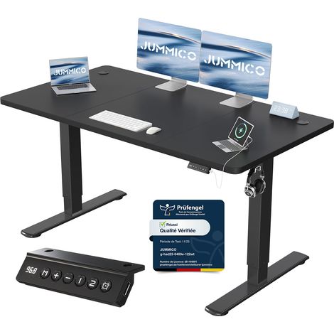 Bureau Assis Debout 140×60 cm, Rappel Posture, 2 Mémoires, Noir (1/5)
