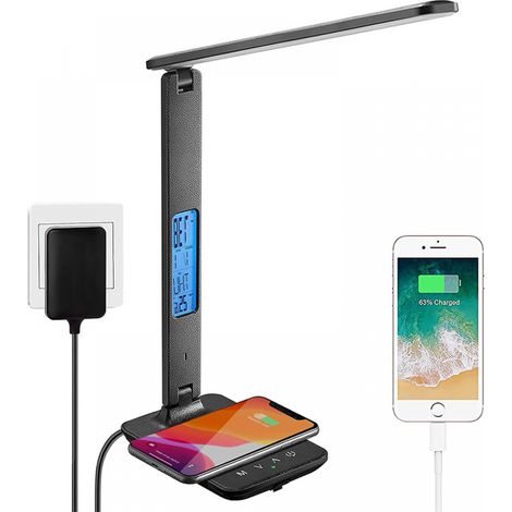(Noir)Lampe de Bureau LED avec Chargeur Sans Fil et USB,Lampe de Bureau Réglable Flexible Contrôle Tactile,Affichage LCD Avec Fonctions heure, alarme et température (1/5)