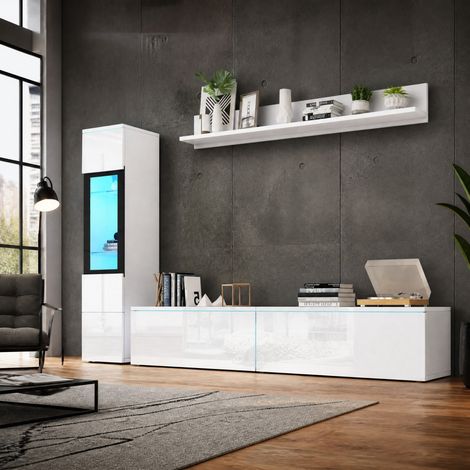 Mueble TV mural 180x30x130 cm de tablero blanco con LED y almacenaje FloraGrace (1/5)