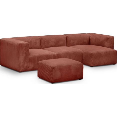 Canapé d'angle à droite modulable avec méridienne 4 places en velours côtelé rouille + pouf - Modulo (1/5)