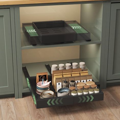 Lot de 2 tiroir coulissant cuisine extensible,plateau coulissant placard,tiroirs télescopiques,32-52cm Largeur, 42cm Profondeur,Fixation Autocollante ou par Vis,Noir (1/5)