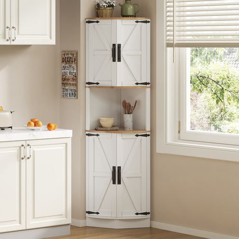 Meuble d'angle 39,5 x 39,5 x 180 cm, armoire de cuisine vintage avec 5 compartiments, finition bois blanc, style rustique – gain de place avec dispositif anti-basculement inclus (1/5)