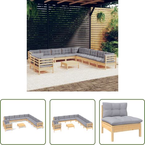 Terrassensofa - 12-tlg. Garten-Lounge-Set mit Grauen Kissen Massivholz Kiefer (1/5)