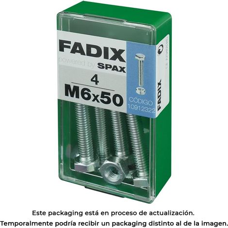 Caja de 4 unidades de tornillo métrico con cabeza hexagonal y tuerca en cinc M 6x50mm Fadix (1/3)