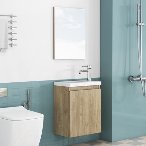 Mobile sospeso bagno 40 cm con lavabo in ceramica e specchio, senza maniglie, MDF lucido - rovere (1/5)