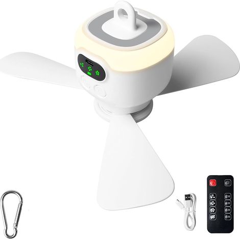 Ventilateur de camping avec lumière, ventilateur de camping avec télécommande, rechargeable 8000 mAh, portable, pales amovibles, USB, avec crochet, pour voiture, pêche, extérieur (1/5)