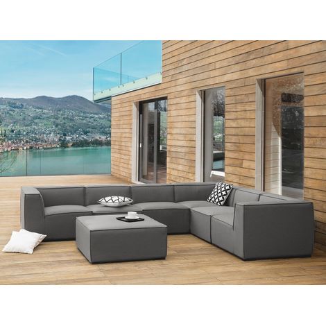 Sofá esquinero 7 plazas modular de poliéster gris oscuro negro izquierdo con reposapiés Arezzo (1/5)
