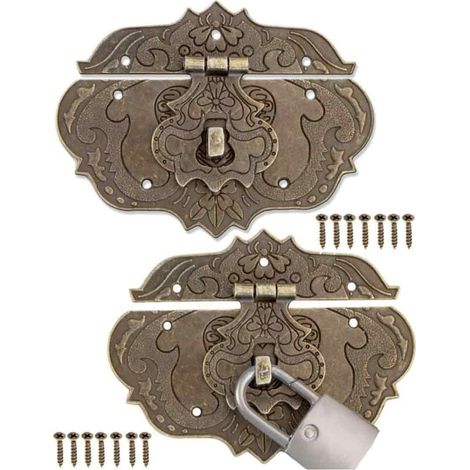 Lot de 2 fermetures antiques, design bronze fer, fermoirs de meubles, ferrures pour cadenas de rideaux, coffres et caisses, curseurs, 95 x 73 mm avec vis (1/5)