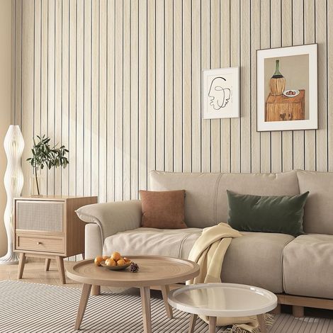 Panneau Mural Bois Décoratif Intérieur Bureau Maison Panneau Tasseau Bois Beige Panneaux Muraux 3D Autocollant Chambre Revetement Mural Adhesif Salon Lamelles 3D Motif Chevron Clair 30CMx2M (1/5)