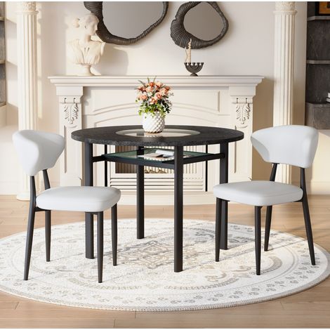 Table ronde design avec 2 chaises blanches, plateau noir effet bois et insert en verre, ensemble salon et salle à manger moderne CHICFURN (1/5)