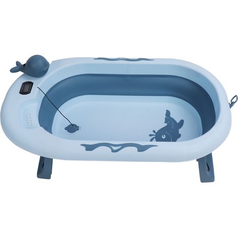 Baignoire pliante bébé avec capteur température, bleu saphir, pliable épaisse, bain assis couché, seau de bain quotidien (1/5)