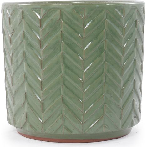 Vaso in ceramica Ø20 cm, verde salvia lucido, rilievo chevron, foro di drenaggio DESVIAE (1/5)