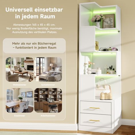 Étagère d’angle blanche 165 cm avec éclairage LED et 2 tiroirs, 4 niveaux pour salon et chambre (1/5)