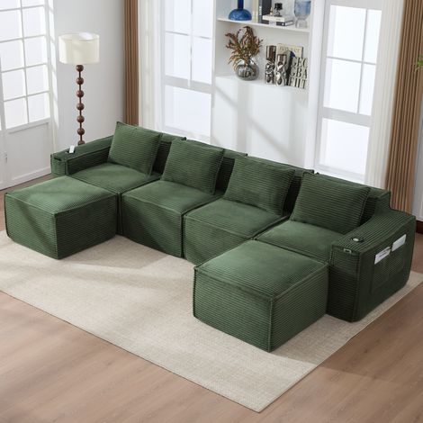 Sofá modular de 4 plazas en pana verde con 2 pufs, portavasos y bolsillos laterales,330x162x75 cm (1/5)