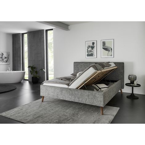 Meise Möbel Stauraumbett Riva 160x200 cm  Doppelbett  Bettkasten & Lattenrost (Federholzrahmen)  Webstoff Mausgrau  Holzfuß eichefarbig (1/5)
