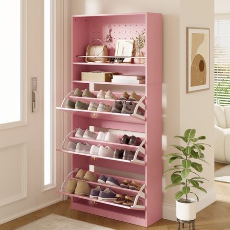 Meuble à chaussures étroit rose 80x24x178,5 cm, 3 compartiments rabattables, 2 étagères, poignées trèfle dorées pour entrée‑couloir (1/5)