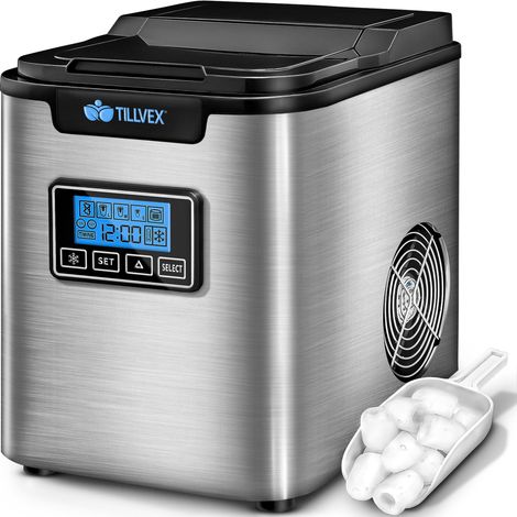 Tillvex – Machine à glaçons inox 12 kg – Production 24 h – Minuterie et réservoir 2,2 litres – Écran LED et nettoyage automatique – 3 tailles de glaçons