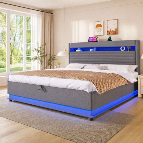 Letto imbottito 180x200 cm con USB Type-C, LED, contenitore idraulico, grigio, OKWISH (1/5)