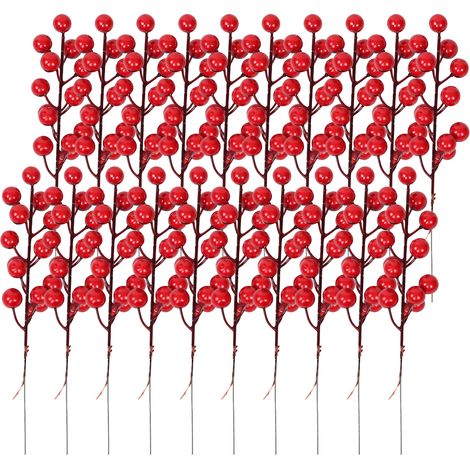 20 tallos de acebo rojo con purpurina, artificiales, para adornos de árbol de Navidad. (1/5)