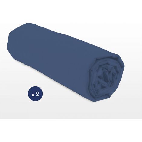 Lot de 2 draps housse uni coton 57 fils bleu 140x190 cm bonnet 25 cm