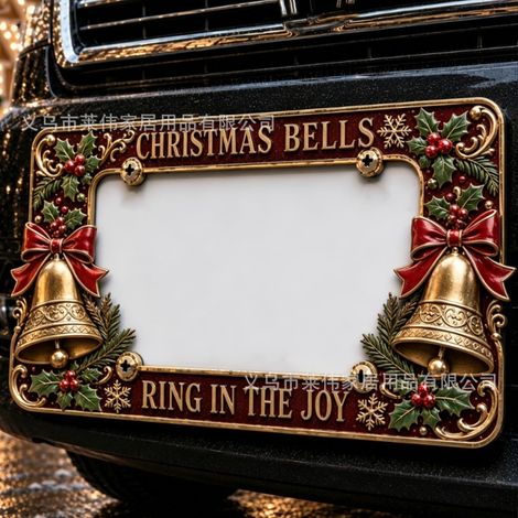 Christmas License Plate Frame - Metal License Plate Frame with Bell - Highland Bull License Plate Frame - Screws Not Included