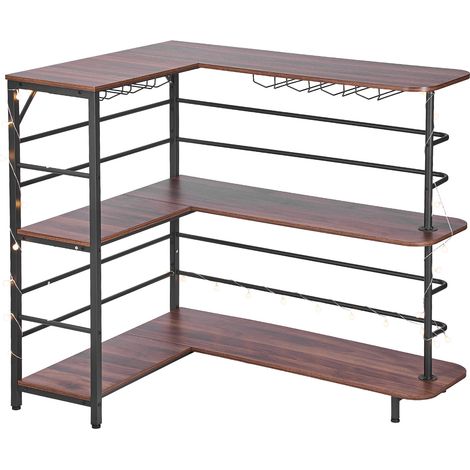 Mophorn L-Shaped Home Bar Unit, 3-Tier Wine Bar Cabinet with Storage Shelves, Adjustable Foot Pads, LED Lighting, Walnut Finish & Metal Frame for Kitchen, Living Room, Pub, or Basement (1/5)