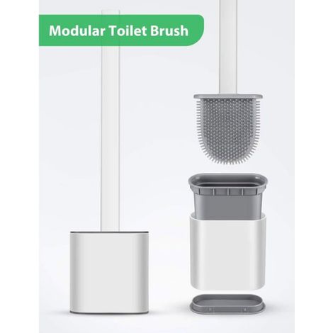 Brosse WC en silicone 2 pièces avec support suspendu, antibactérienne, balayette de toilette blanche pour salle de bains (1/4)