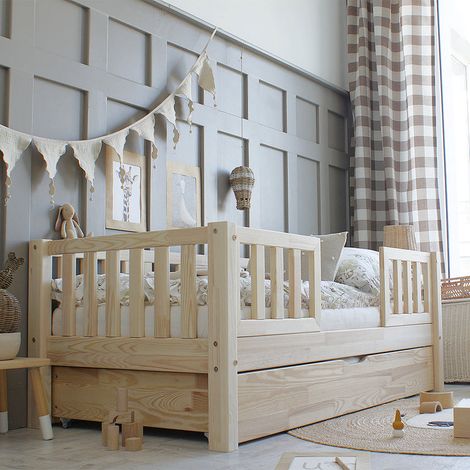 Cama 90x190 con barandilla somier y cajón Agnès Madera (1/4)