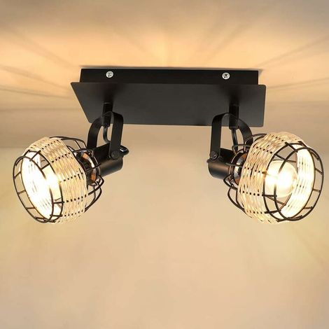 ZOLGINAH Plafonnier/Applique Murale en Rotin Tressé Métal, Spot Bar Design Rétro, 2 Spots Orientables & Pivotants, Luminaire Plafond Vintage, Douilles E14, 60 Watt Max (Ampoules Non Fournies) (1/5)