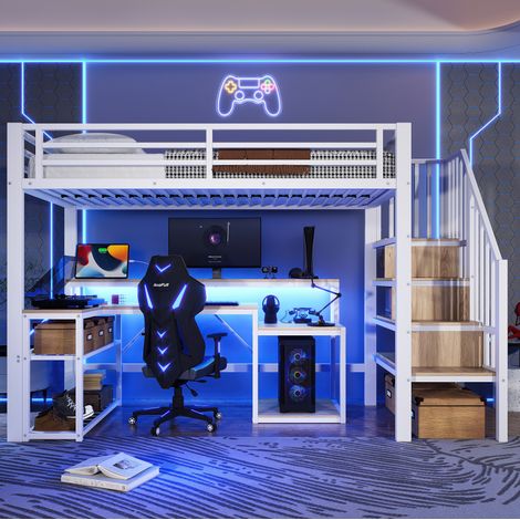 Letto a soppalco 90 x 200 cm in metallo con scrivania, scala contenitore e LED, bianco (1/5)