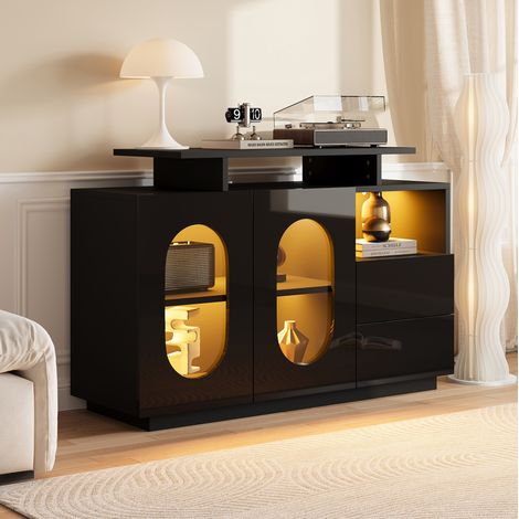 buffet rangement vitrine LED 120 cm noir brillant OKMYHOME (1/5)