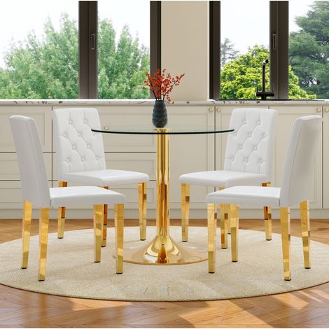 Esstisch-Set rund 85 cm mit 4 Stühlen Glas Metall OKMYHOME (1/5)