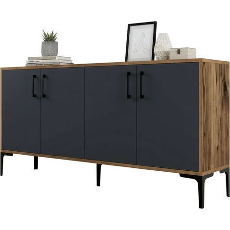 Dmora - Credenza Sestante, Buffet da soggiorno, Madia da salotto, Dispensa da cucina, 160x35h78 cm, Noce e Antracite, con imballo rinforzato, con imballo rinforzato