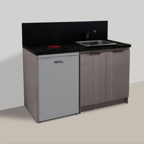 KITCHENETTE CHÊNE GRIS 140cm + PLAQUE DE CUISSON + REFRIGERATEUR + EVIER + MITIGEUR (1/4)