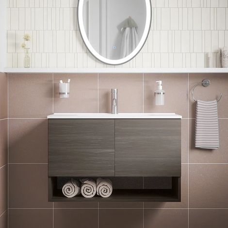 Armoire de toilette suspendue 80cm chêne foncé avec deux portes, compartiment ouvert et lavabo inclus Mod. Sauris