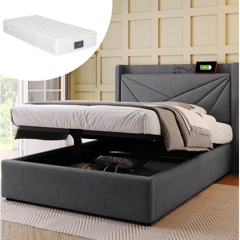 Bett Mit Bettkasten 90x200 cm (inkl. Matratze) mit Gepolstertem Kopfteil Und USB-Ladefunktion (1/5)