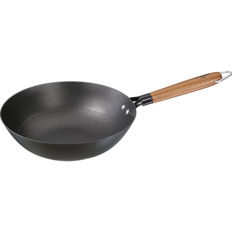 Poêle wok en fonte émaillée avec manche en bois, revêtement anti-adhésif, 28 cm, noire, compatible avec plaques à induction, 28 cm de diamètre (1/4)