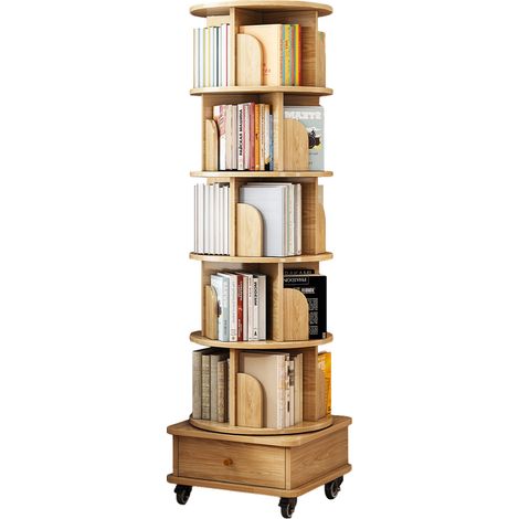 Bibliothèque rotative 46x46x173 cm en MDF couleur bois, avec tiroir, pour petit espace – MEUBLIV (1/5)