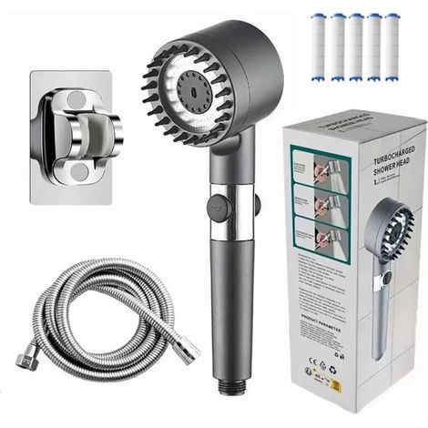 Pommeau de douche avec filtre, économiseur d'eau, pommeau de douche haute pression avec 3+1 jets, pommeau de douche avec flexible, élimine l'eau dure, le chlore résiduel, les bactéries et (1/4)