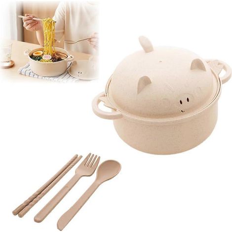 Bol à nouilles ramen micro-ondes cochon mignon 2026 avec couvercle, cuiseur multifonction jaune pour maison, bureau, chambre étudiant (1/5)