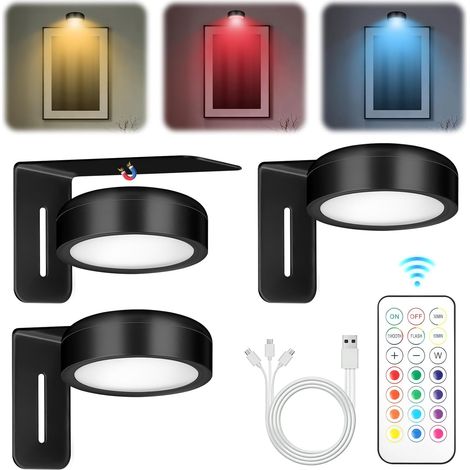 3 Pièces Eclairage Tableau Sans Fil, Eclairage Tableau LED Sans Fil Rechargeable, Lampe Magnétique avc Telecommande, 13 Couleurs RGB pour Vitrines (1/5)