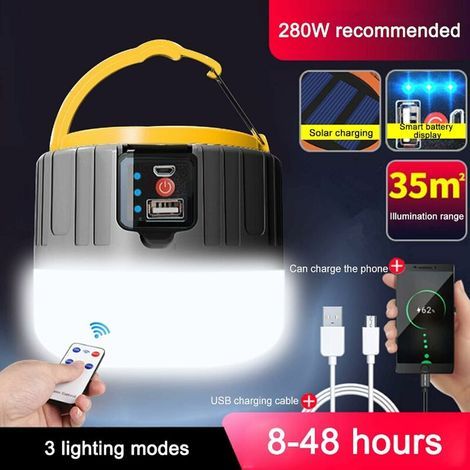 Lampe de Camping LED Rechargeable par USB, Lampe Solaire, 5200 mAh Batterie Externe, IPX6 Étanche, 5 Modes SOS, Portable, Super Lumineuse, pour Bivouac, Cave, Pêche(Noir) (1/4)