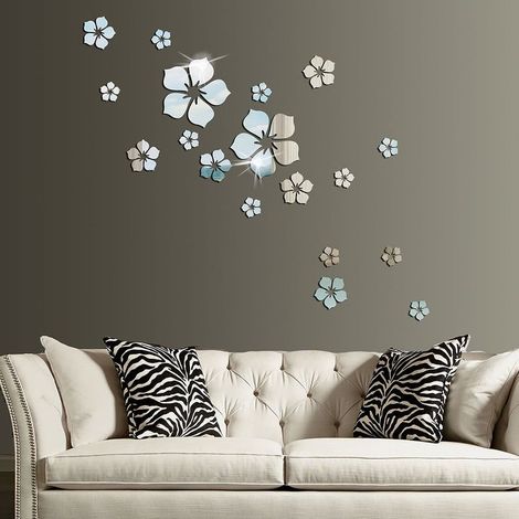 Autocollants muraux, Lot de 18 autocollants muraux miroir en acrylique avec fleurs décoration murale pour chambre salle de bain salon (argent) (1/5)