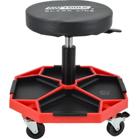 Asiento de taller regulable Awtools, modelo Black Line, ideal para trabajos de mantenimiento, diseño ergonómico con compartimentos, ajustable, cómodo y resistente para profesionales.