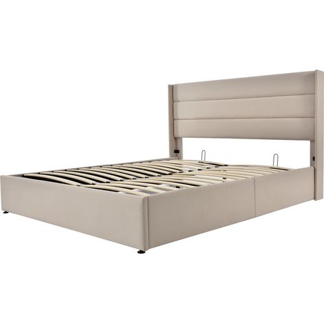 Polster-Doppelbett 140x200 cm mit hydraulischem Bettkasten, Beige (1/5)
