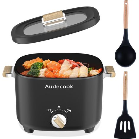 Casserole électrique Cermic Glaze Poêle à frire antiadhésive, multicuiseur portable de voyage pour ramen, steak, œuf, riz frit, flocons d'avoine, soupe, (noir) (1/5)
