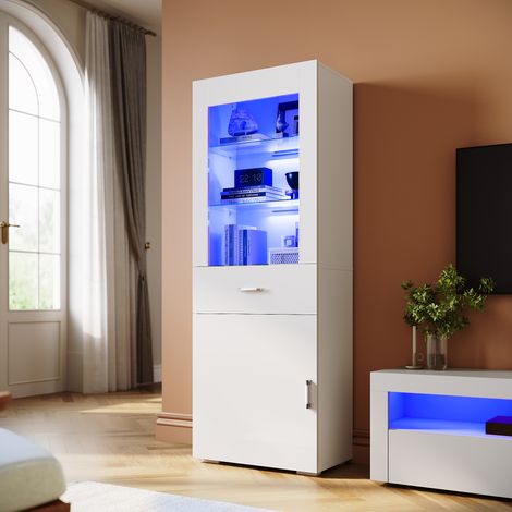 ELEGANT 165cm Display Cabinet Multicolour LED Lights Sideboard Living Room Cabinet with Slow Close Hinges Door & Drawer White High Gloss Fronts (1/5)