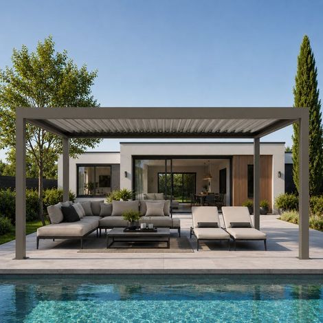 Pergola Bioclimatique Aluminium Autoportante Motorisée Éclairée 4x3,5 Gris SV ORIAL France (1/5)