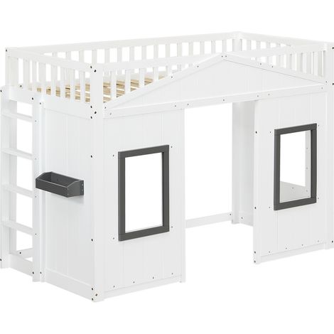 Cama alta infantil estilo casa con escalera y protección 90x200 cm blanca pino MDF (1/5)