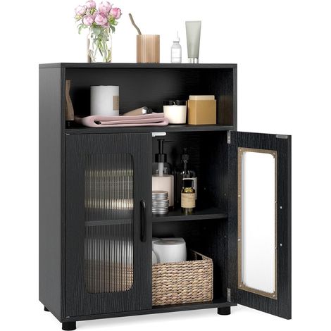 Costway – Meuble bas de salle de bain noir 60 x 30 x 83 cm – Armoire avec 2 portes vitrées et étagère réglable – Conception anti-basculement (1/5)